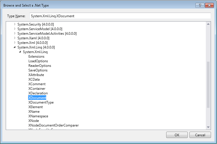 Selecting XDocument as the variable type