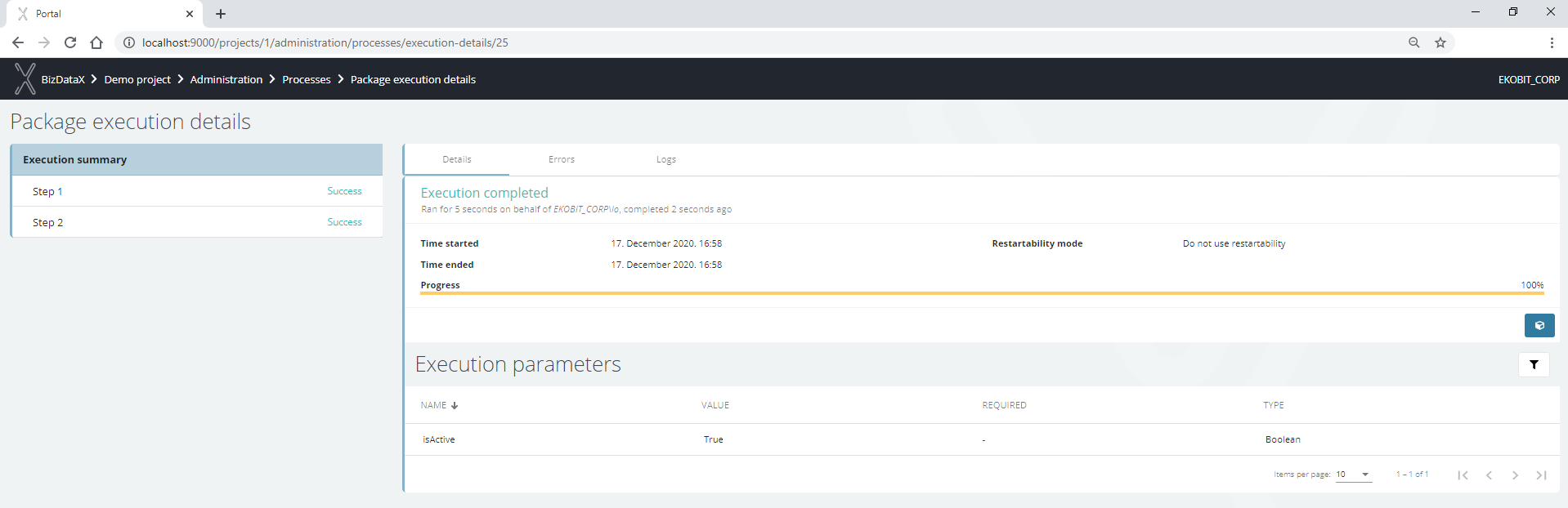 Package execution process details