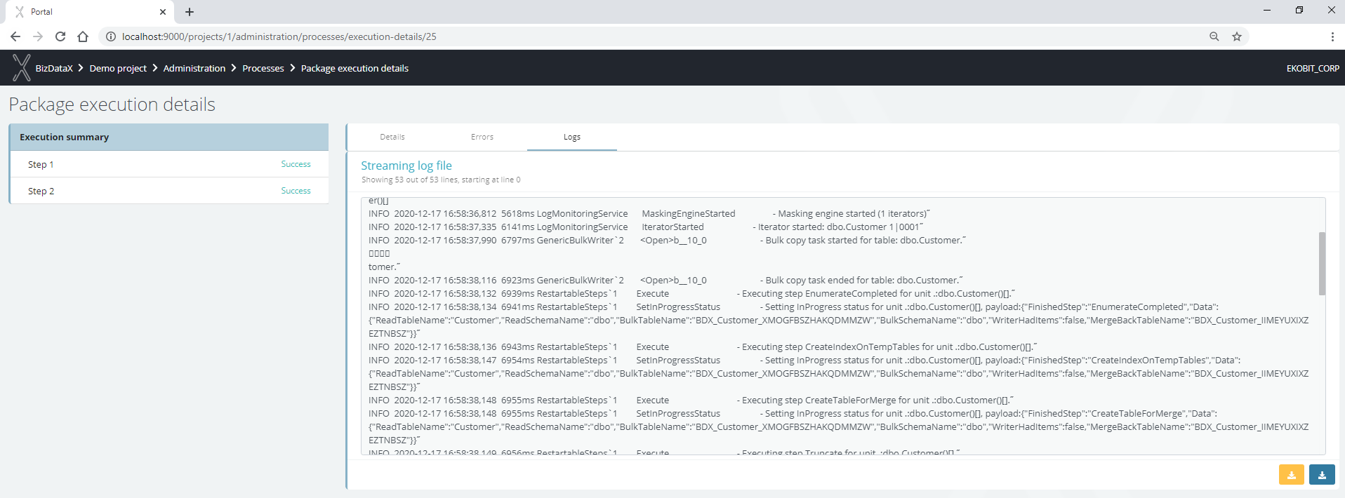 Package execution process logs