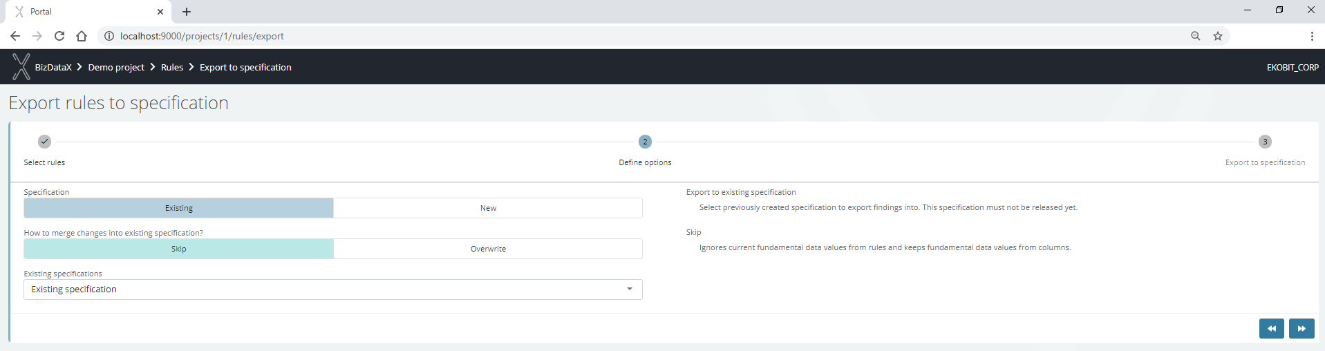 Export rules to an existing specification