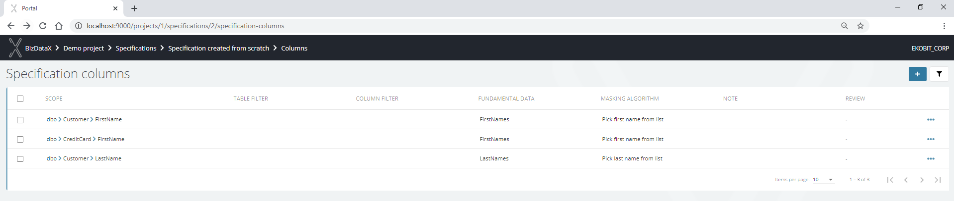 Manage specification columns