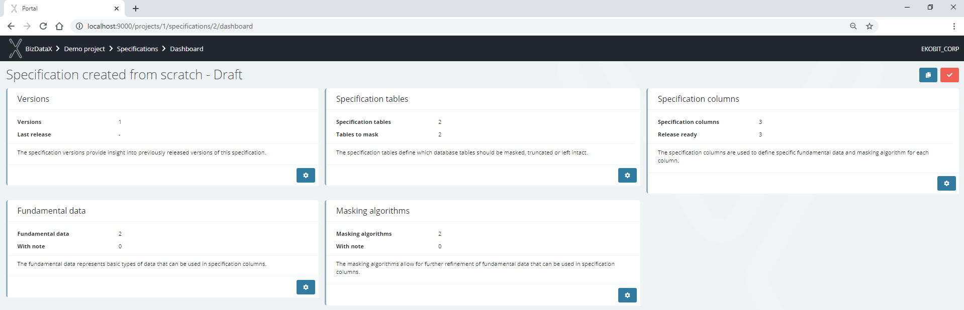 Specification dashboard