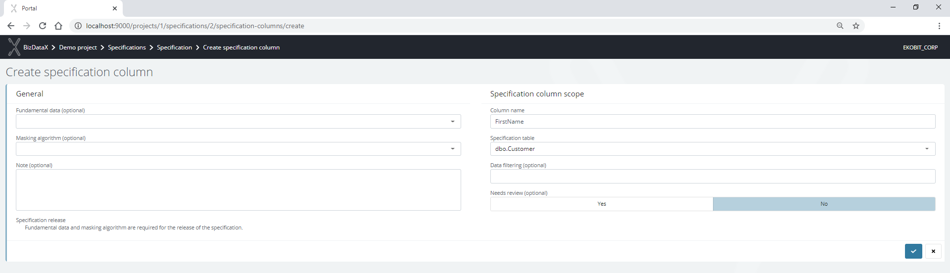 Create specification column