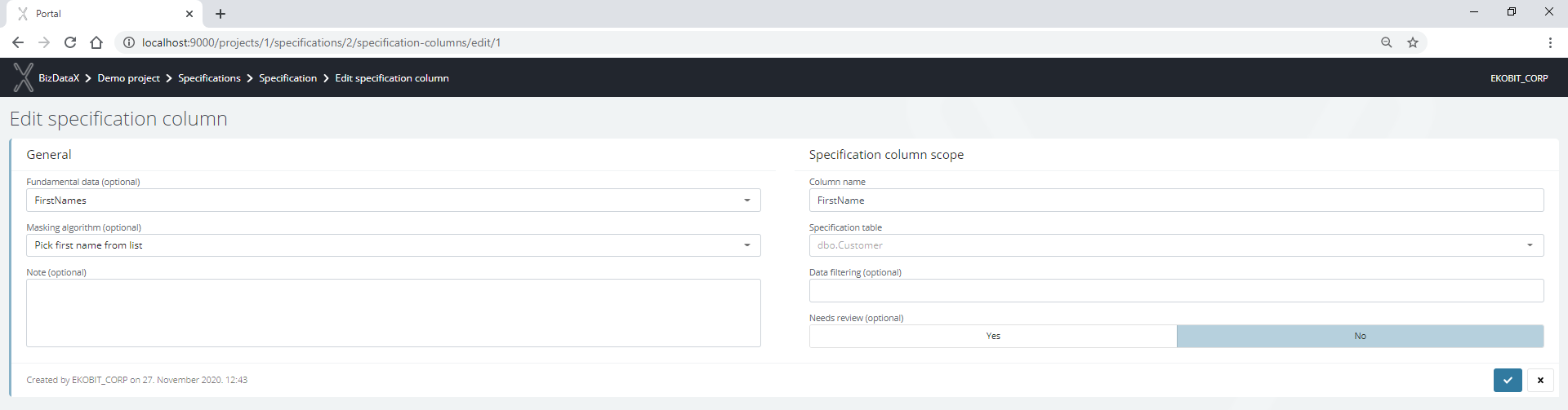 Edit specification columns