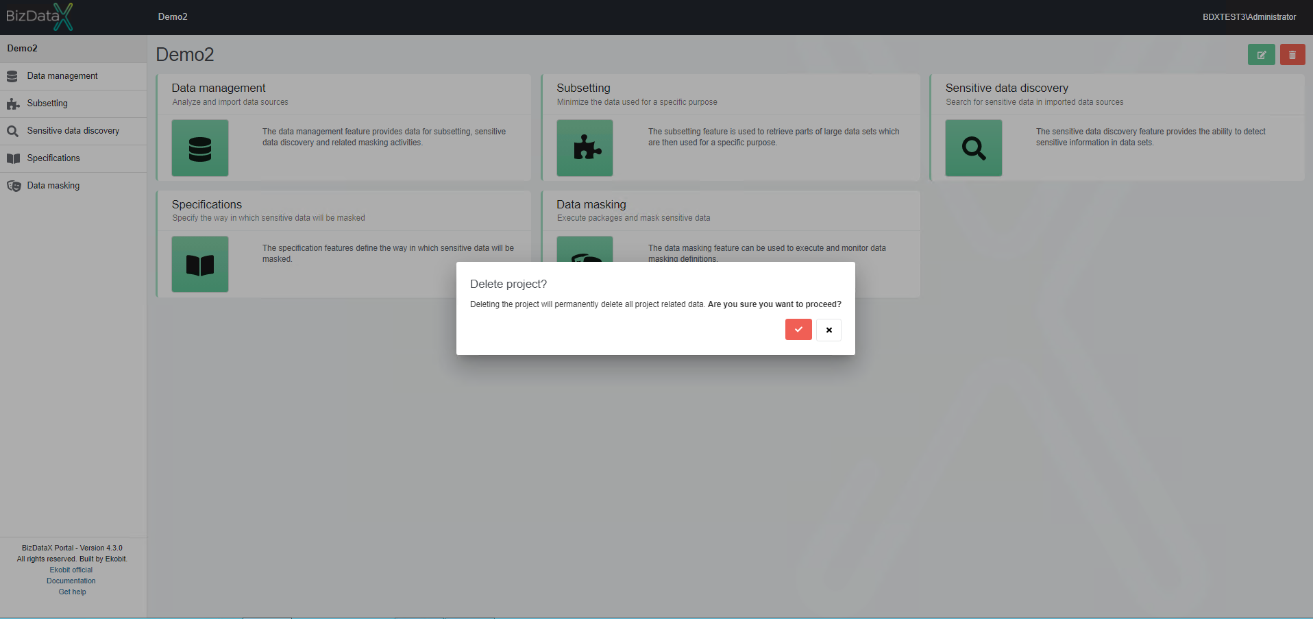 BizDataX Delete project confirmation message
