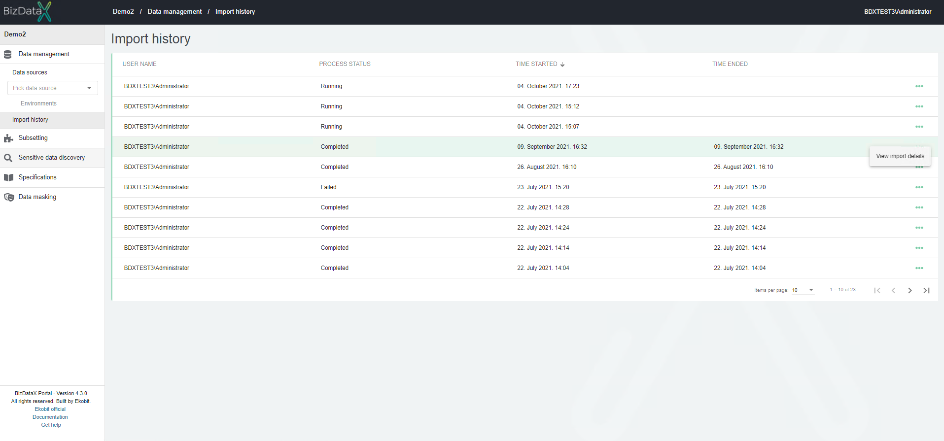 Import History Overview List