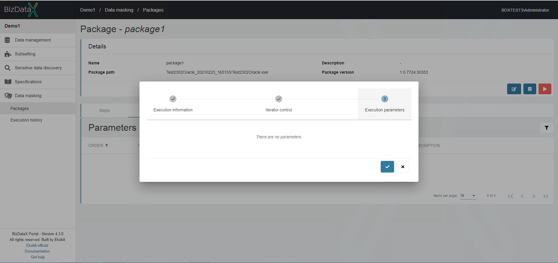 Package execution parameters