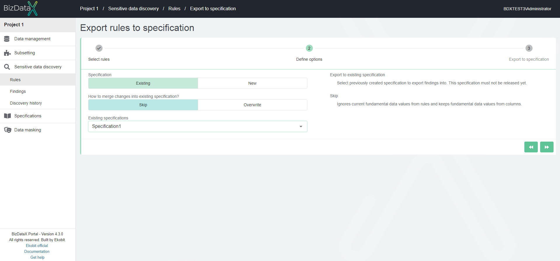 Export rules to an existing specification