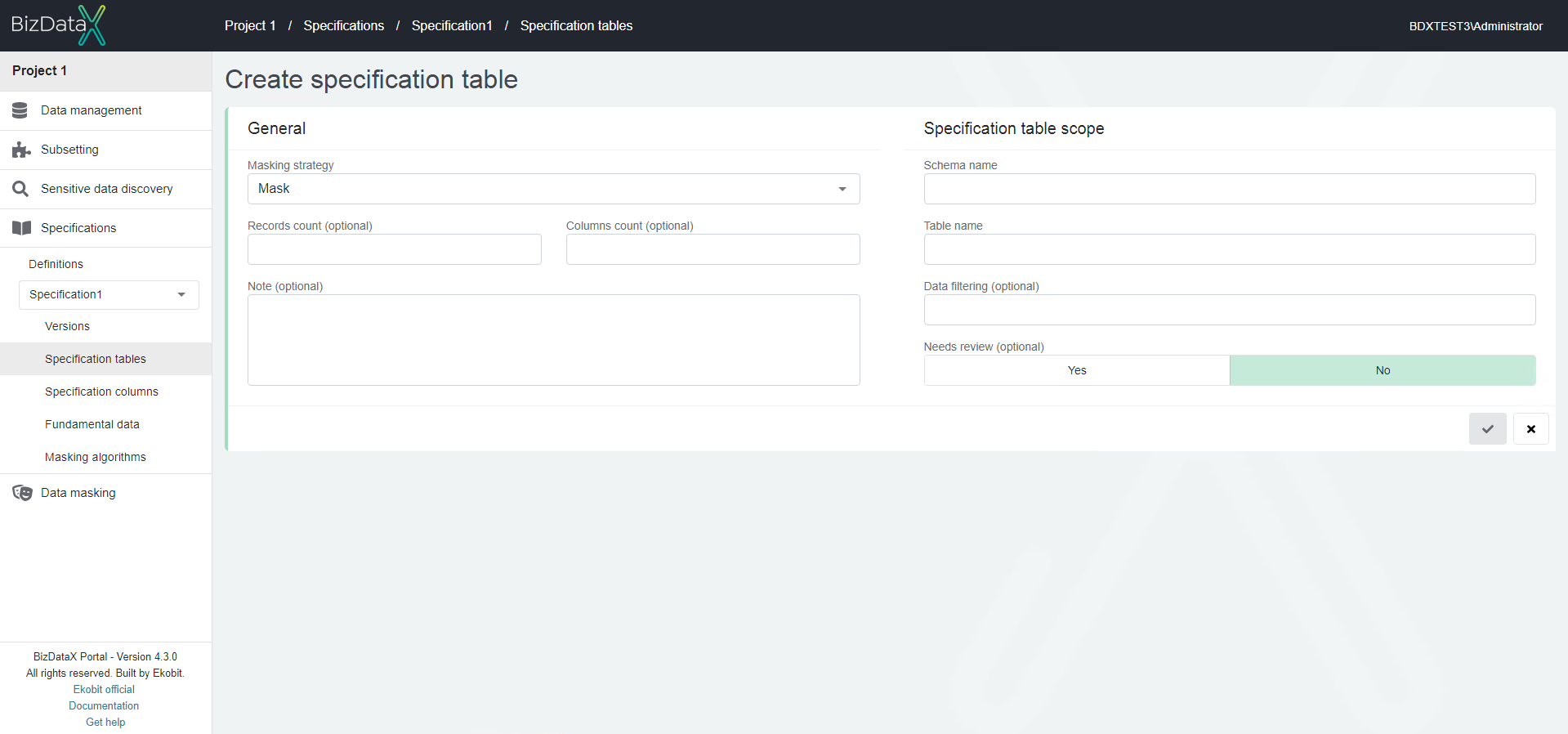 Create specification table