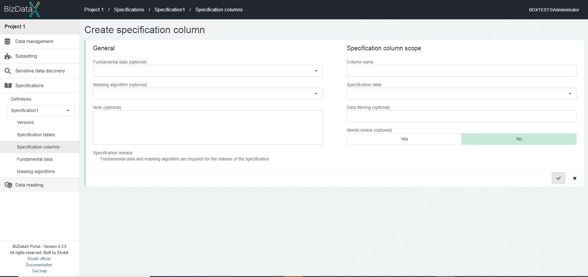 Create specification table