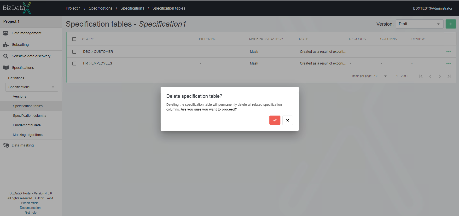 Delete specification table