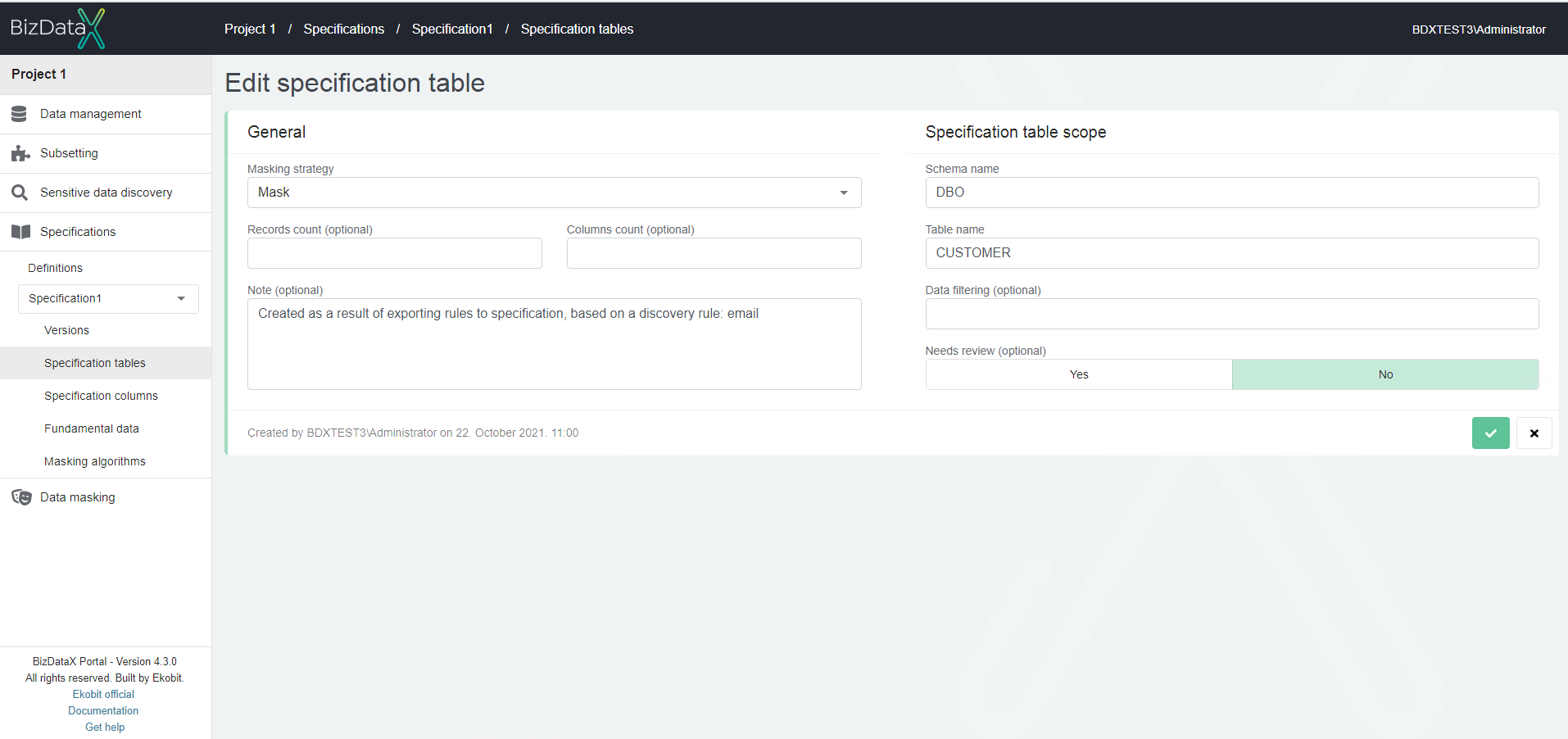 Edit specification table