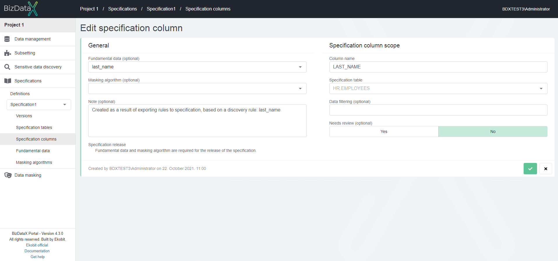 Edit specification column