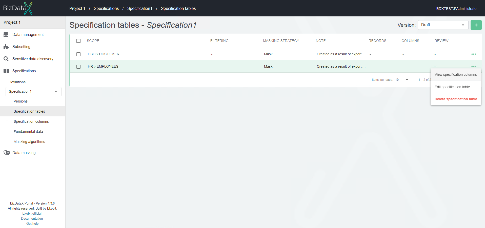 Manage specification tables