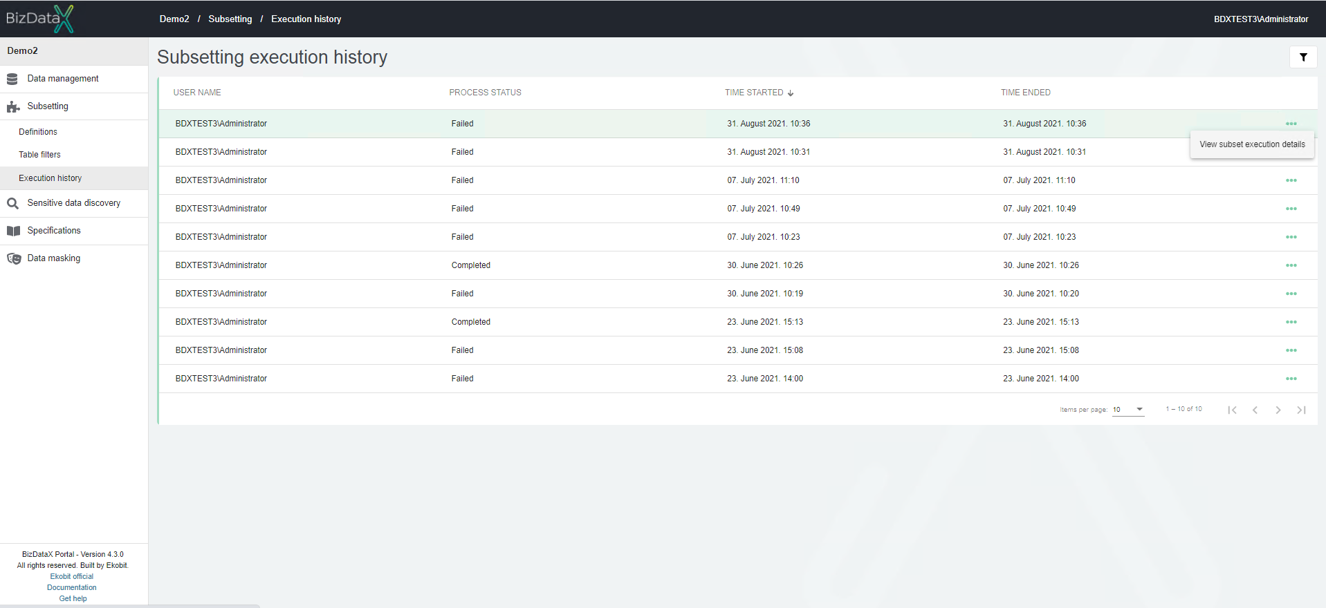 Execution history overview list