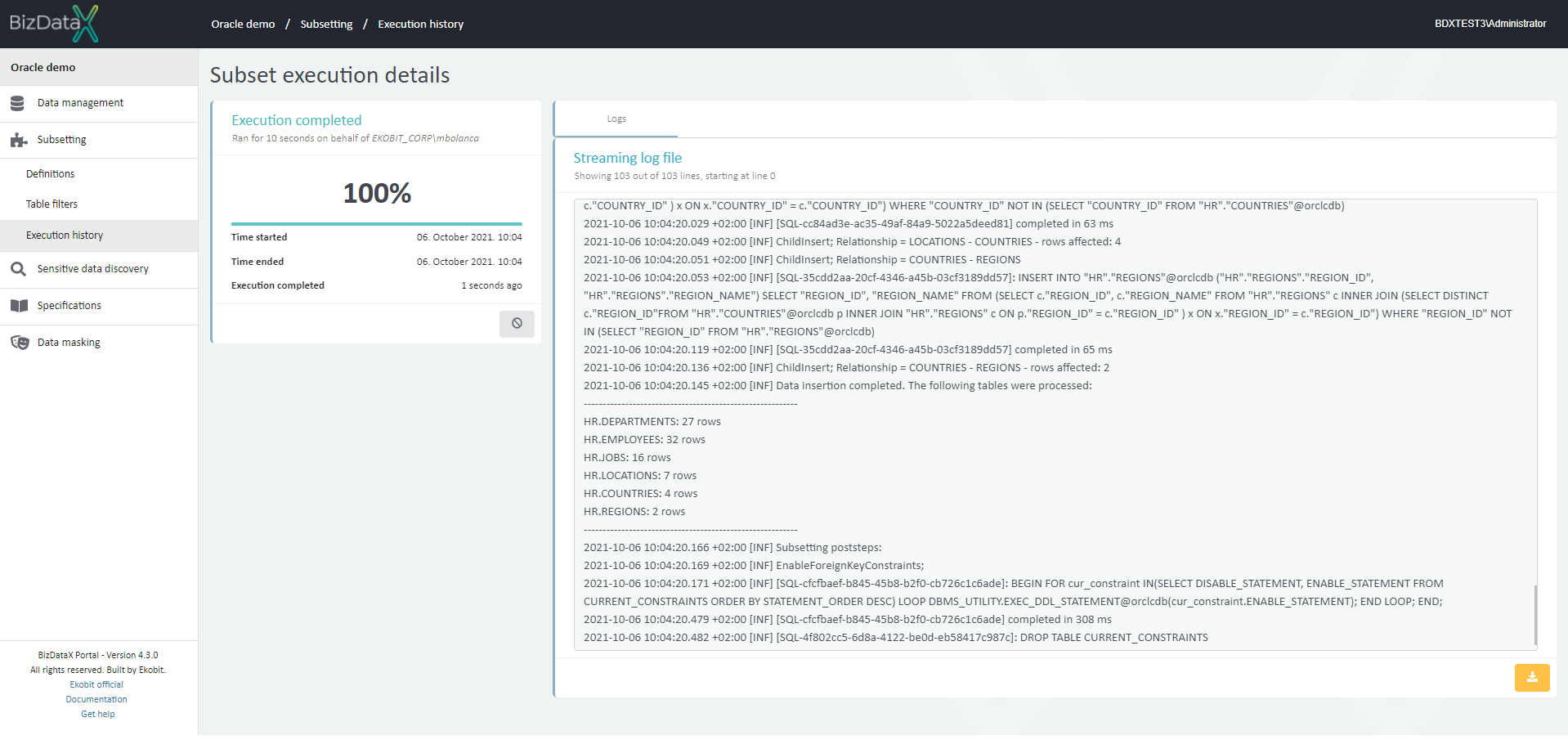 Subset execution history details