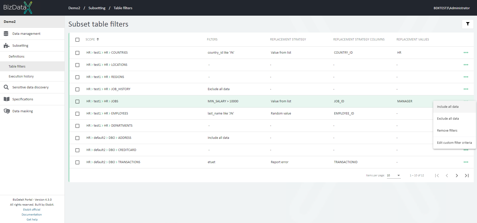 Subset table filters overview list