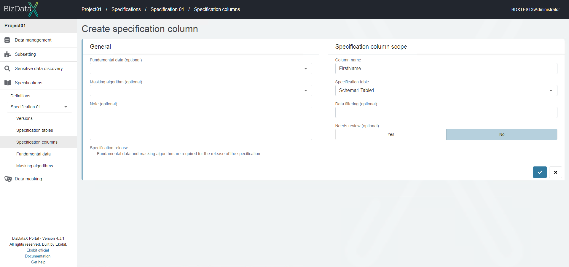 Create specification column