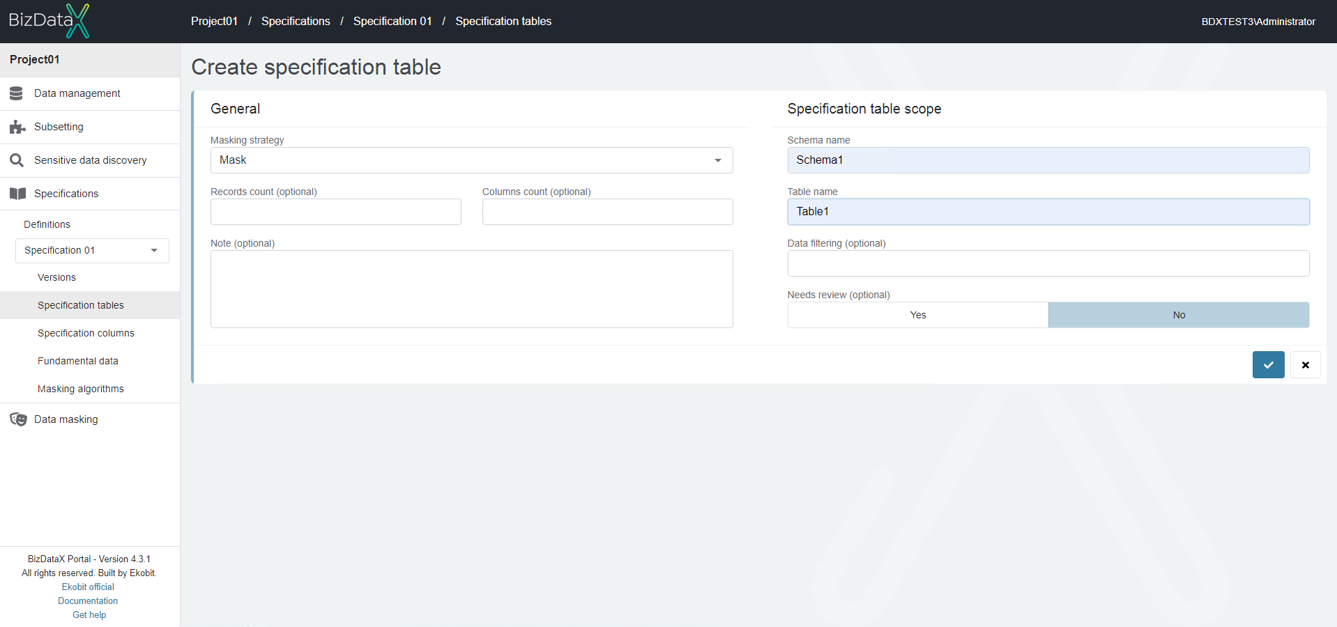 Create specification table