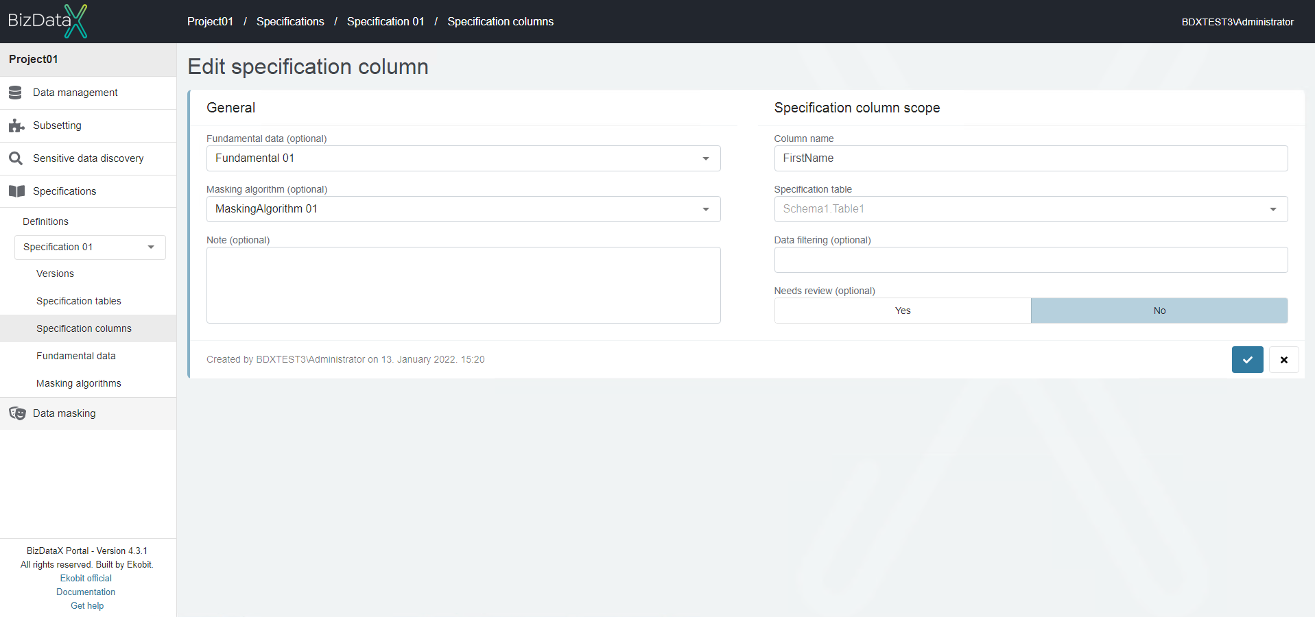 Edit specification columns