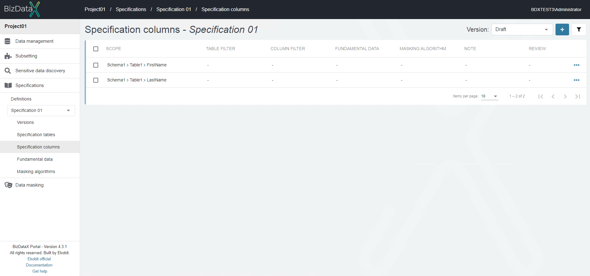 Specification columns