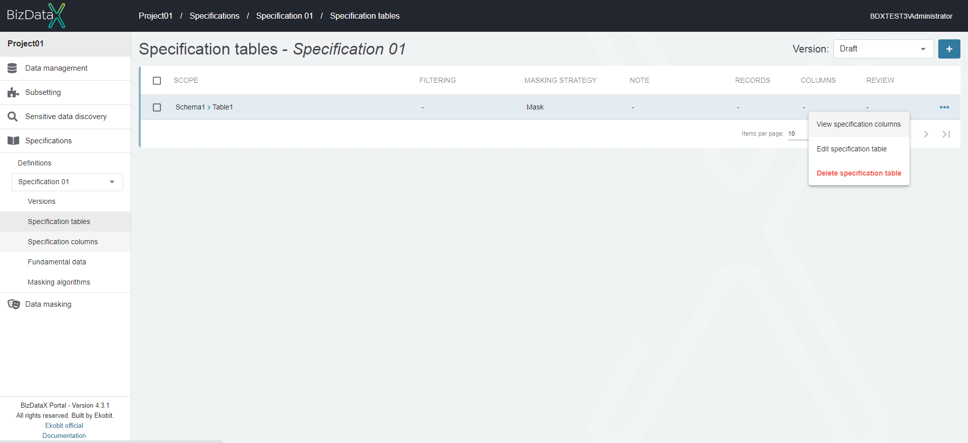 Specification tables