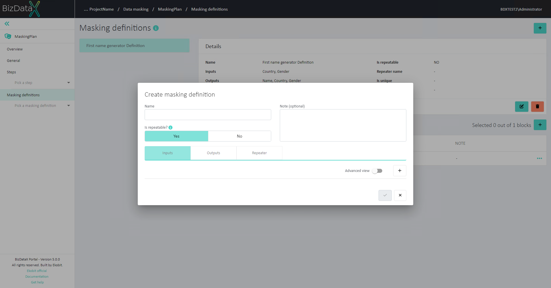 Create Masking definitions inputs