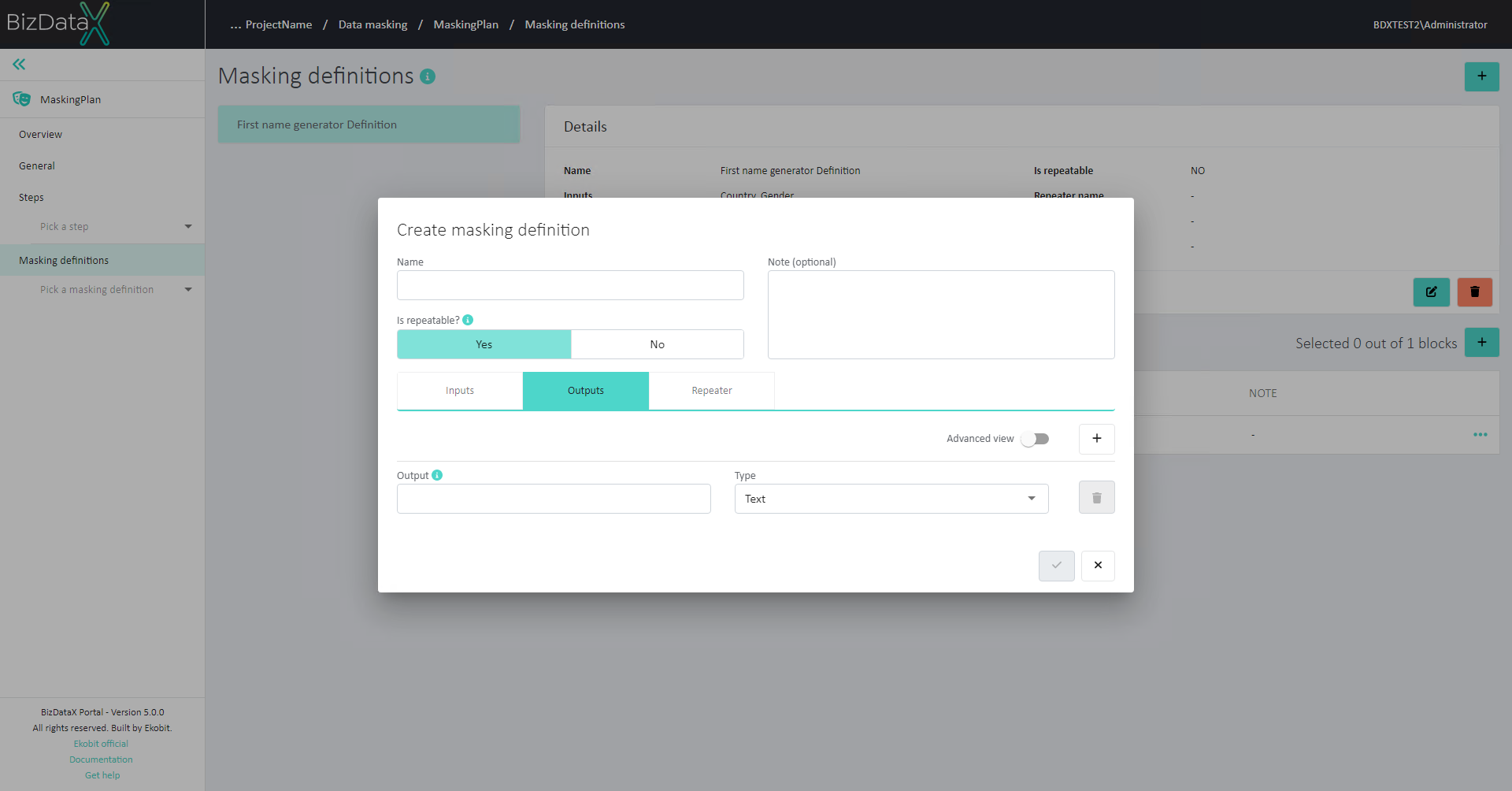 Create Masking definitions outputs