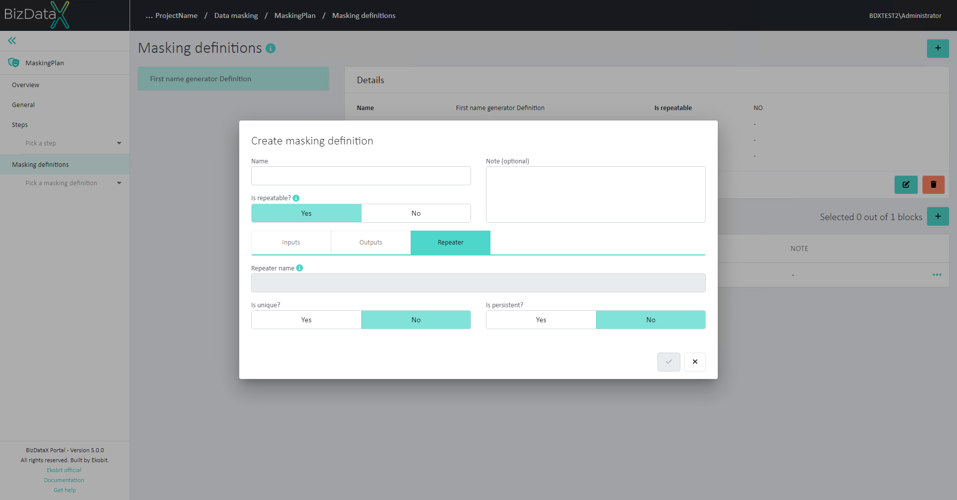 Create Masking definitions repeater