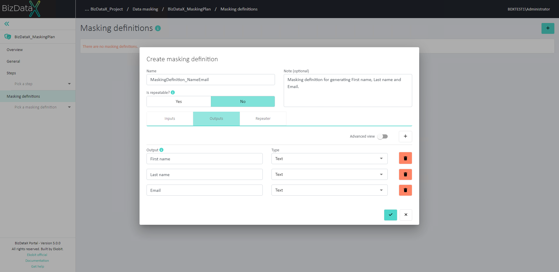 Outputs of masking definition