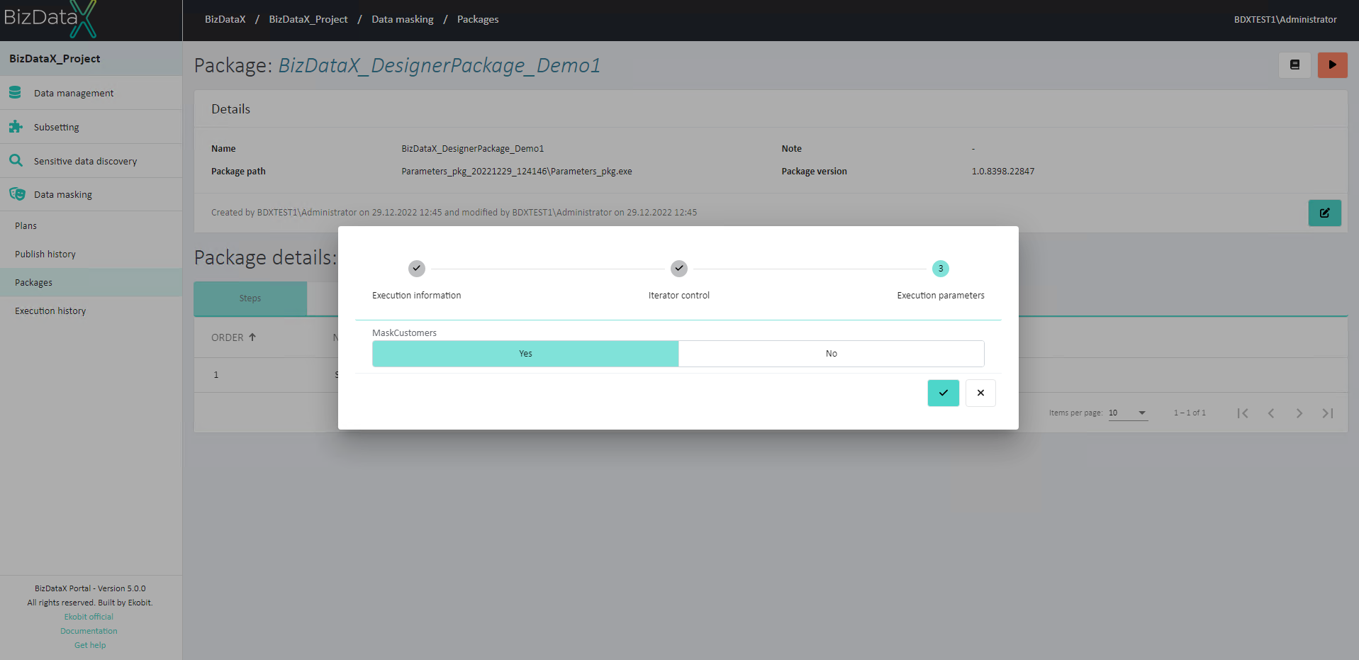 Package execution parameters