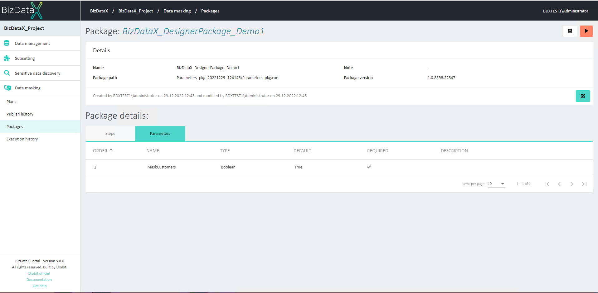 Package details - Parameters