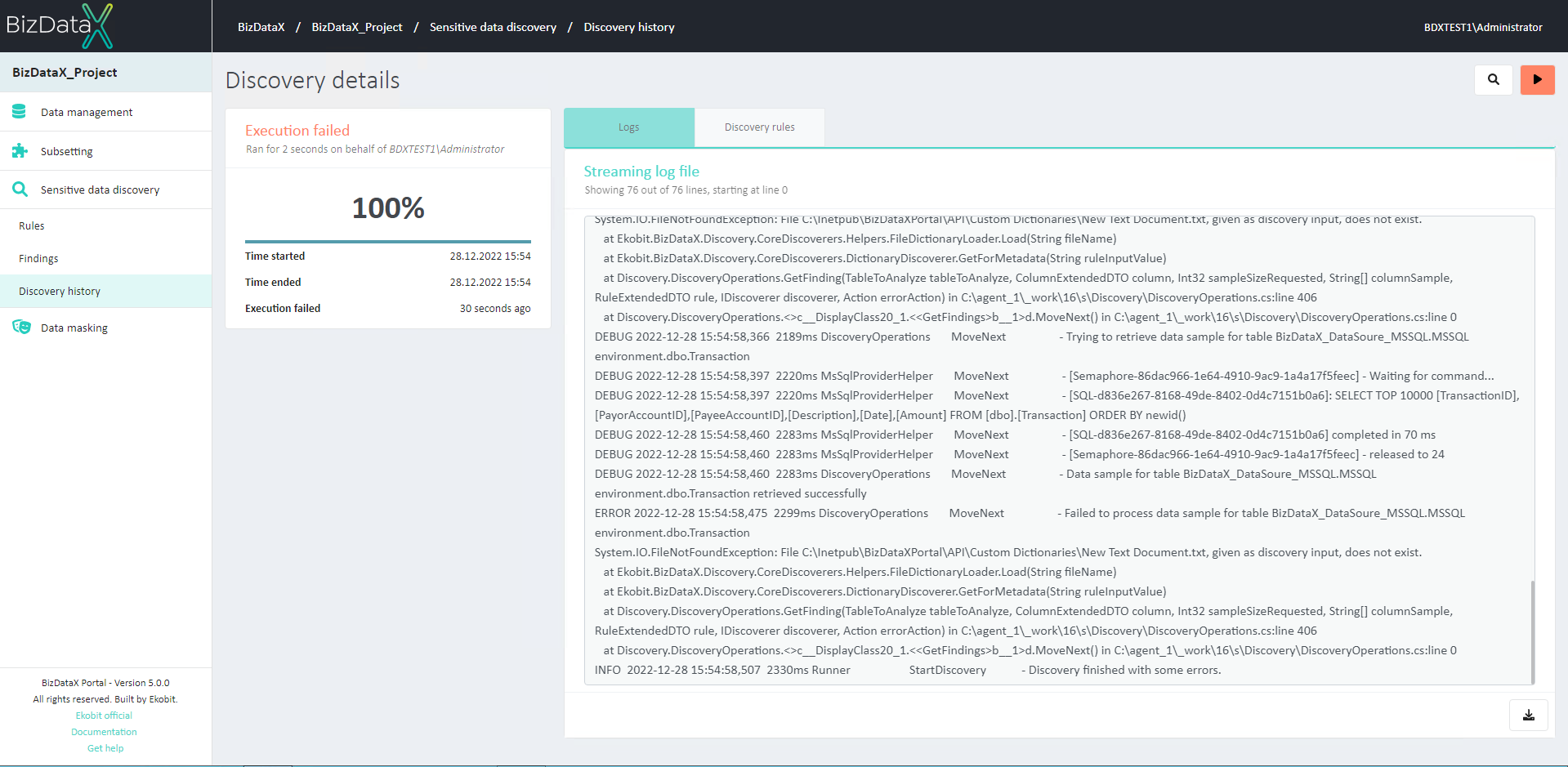 Discovery History Details Log with Errors