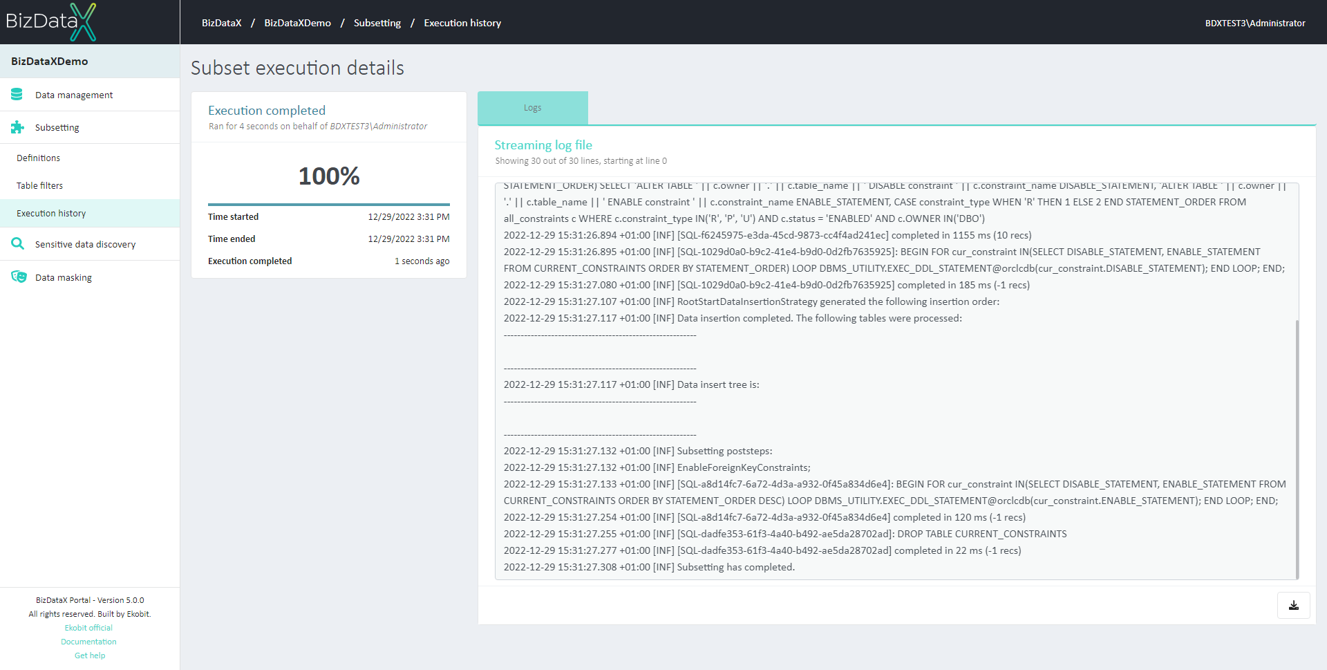 Subset execution history details