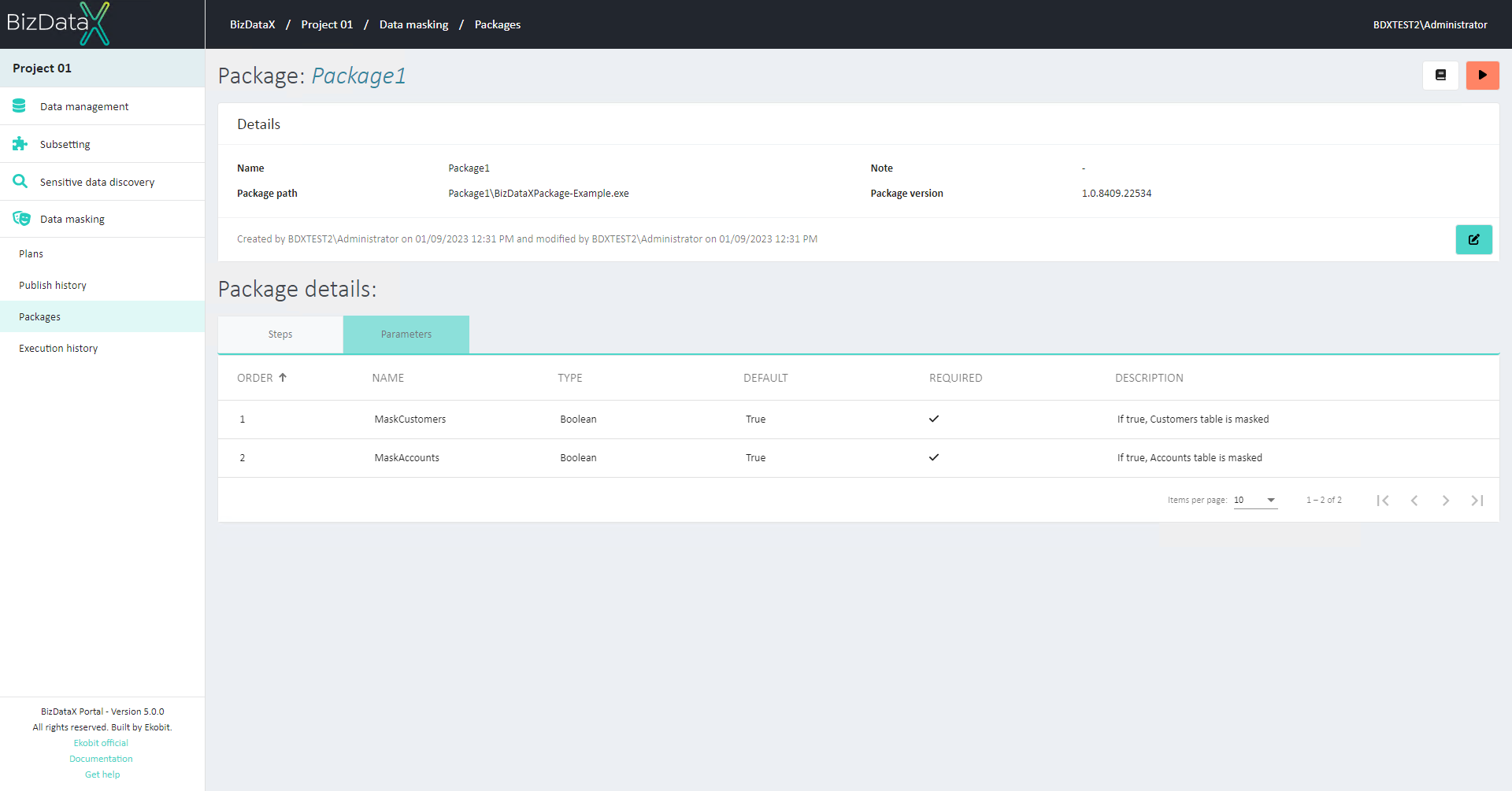 Package details Parameters