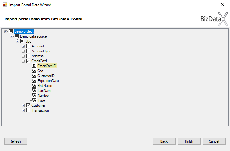 Select schemas, tables and columns to import